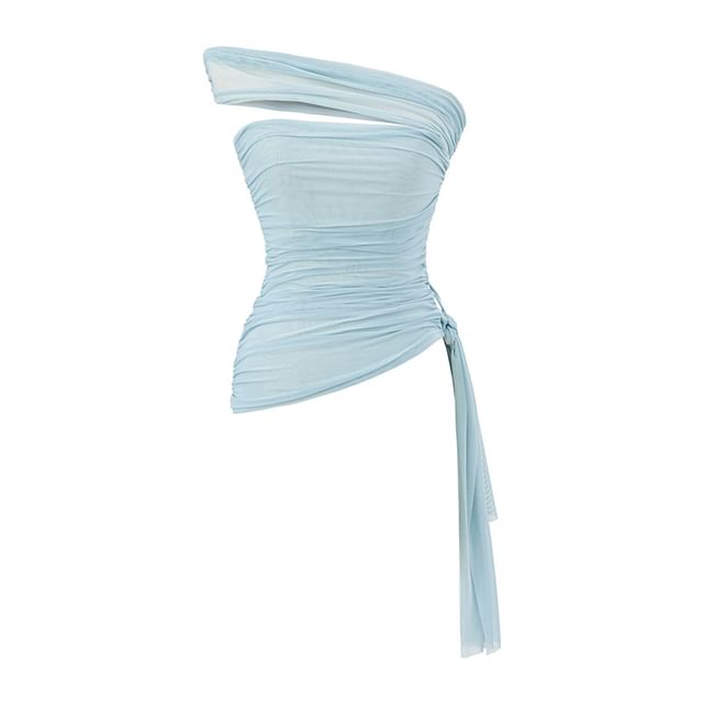 Plain Off-Shoulder Asymmetrical Ruched Mesh Cropped Top