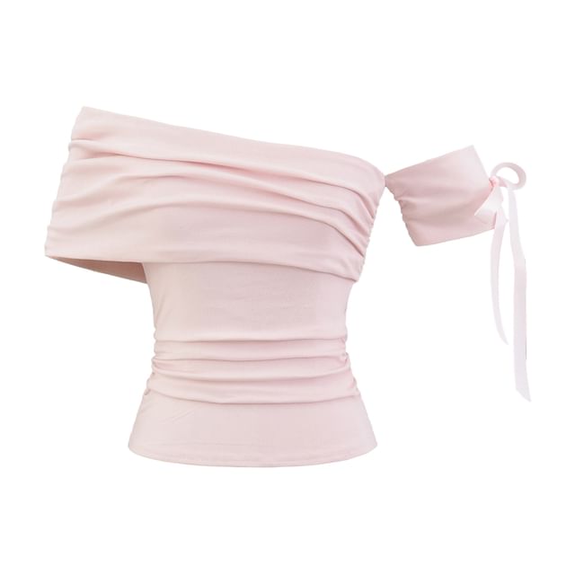 Plain Ruched Off-Shoulder Asymmetric Cropped Mini Top