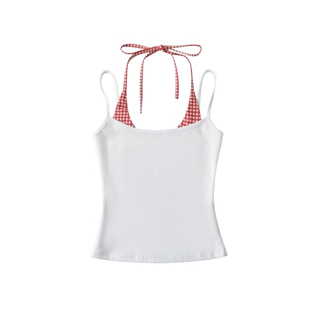 Gingham Panel Mock Two-Piece Halter-Neck Slim-Fit Cropped Top