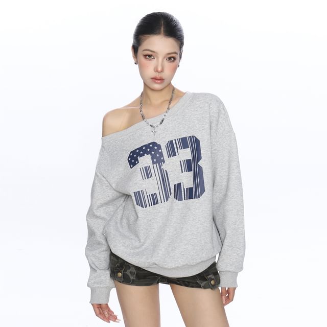 Numbered Cold-Shoulder Long-Sleeved Pullover
