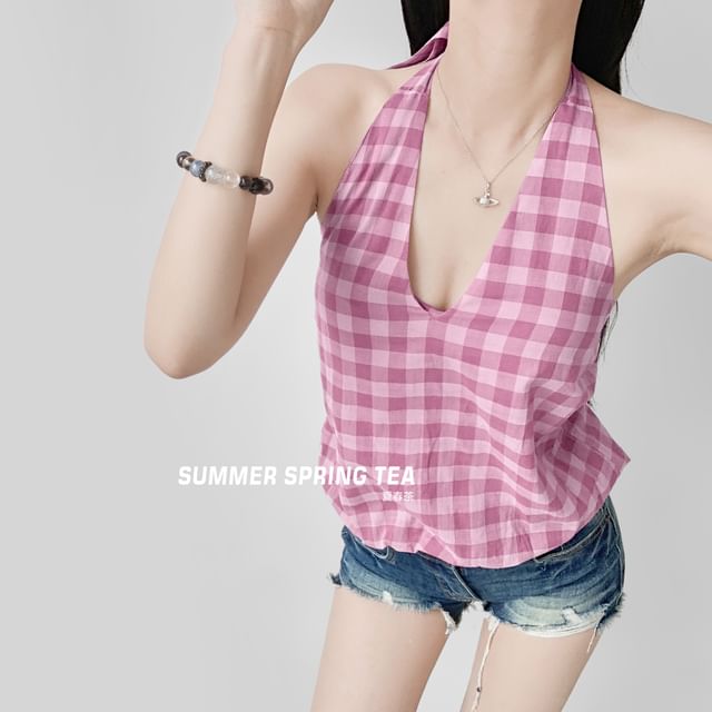 Gingham Halter-Neck Open-Back Top
