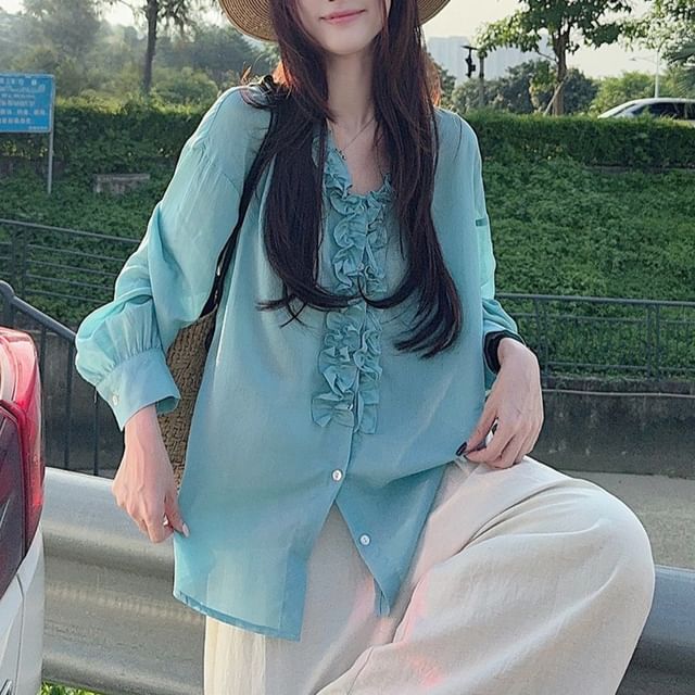Plain Frill-Trimmed Button-Up V-Neck Long-Sleeved Blouse