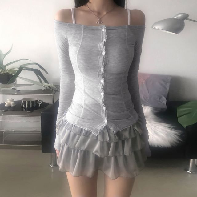 Off-Shoulder Lace Trim Long Sleeve Button Top