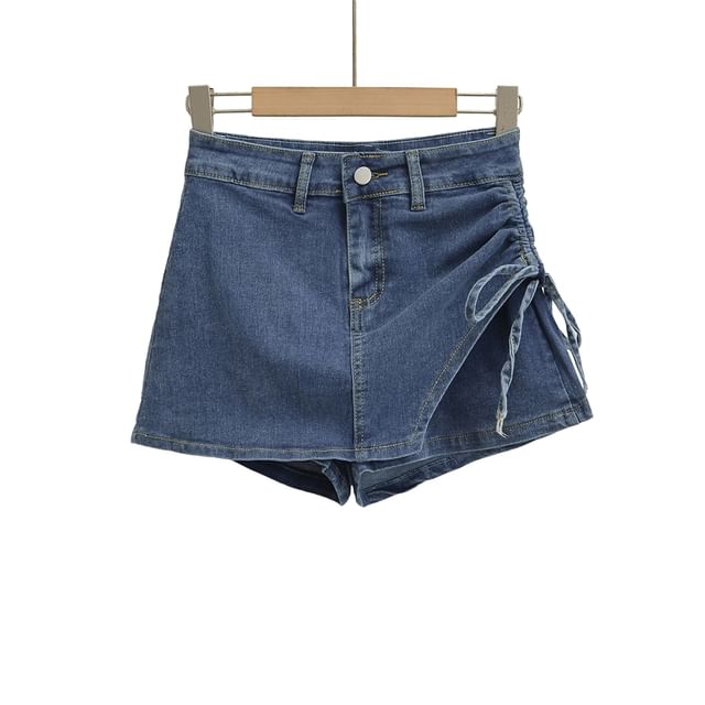 High Waist Drawstring Mini Denim Skort