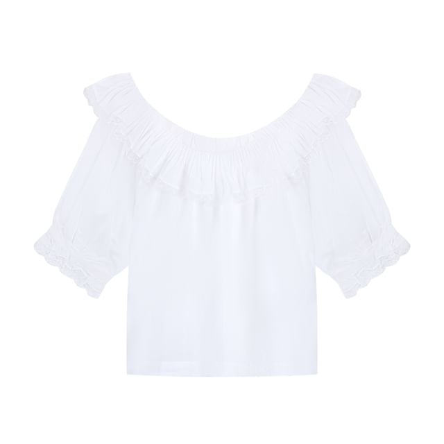 Elbow Sleeve Scoop Neck Ruffle Lace Blouse