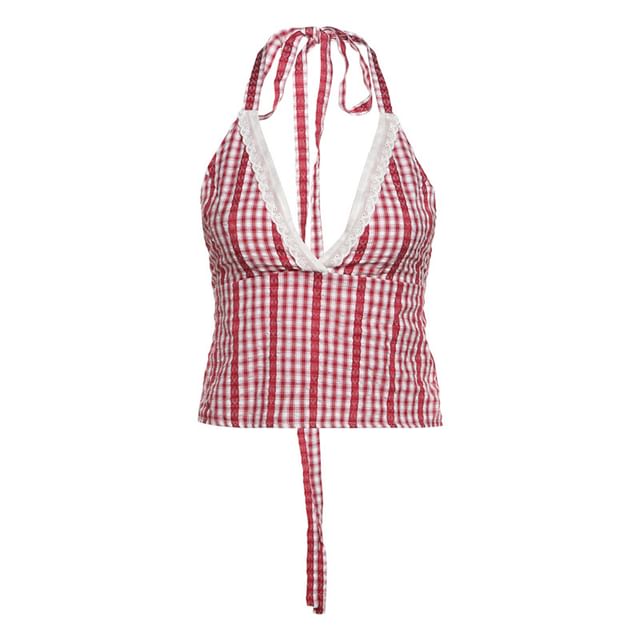 Plaid Lace-Trimmed Halter V-Neck Cami & Bubble-Hem Mini Shorts