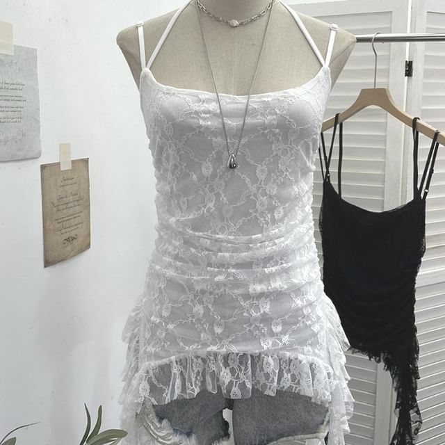 Ruched Ruffle Lace Cami