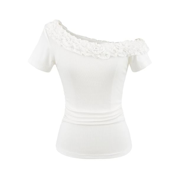 Short Sleeve Off-Shoulder Lace Trim Top