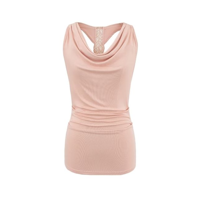 Cowl Neck Lace Panel Ruched Slim Tank