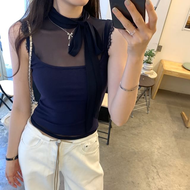 Mock Neck Lace Mesh Tie-Up Sleeveless Top