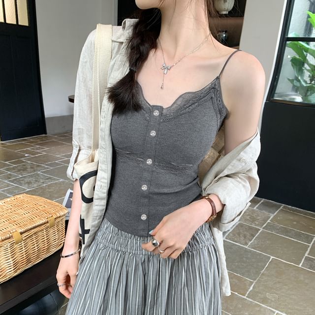 V-Neck Button Front Lace Cami