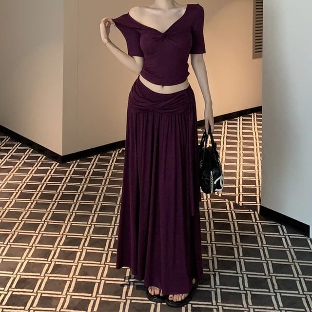 V-Neck Twist Short Sleeve Top & Maxi A-Line Skirt Set