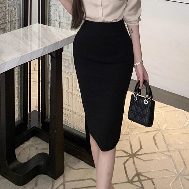 Collared Long Sleeve Shirt & Midi Pencil Skirt Set