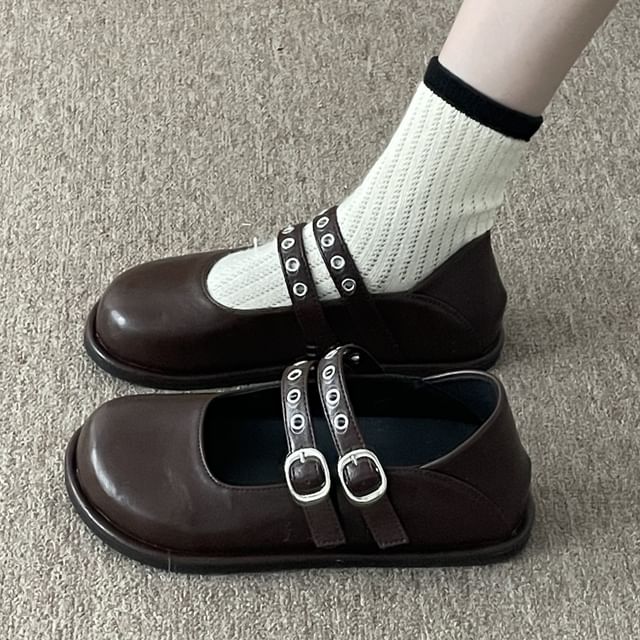 Grommet Double-Strap Mary Jane Flats