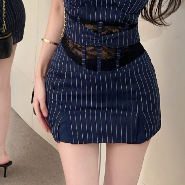 Pinstriped Lace Cami & Slit Mini Skirt