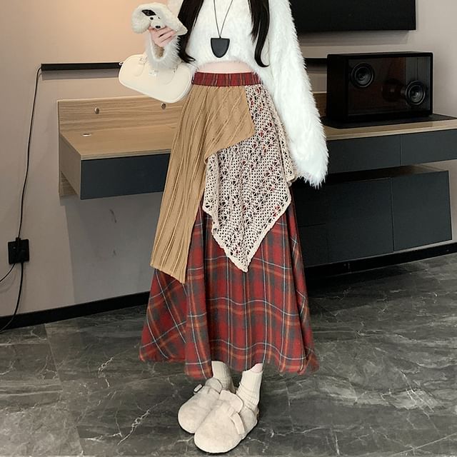 Plaid Patchwork Lace Panel Maxi Skirt