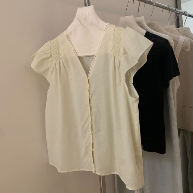 V-Neck Lace Trim Button-Up Blouse