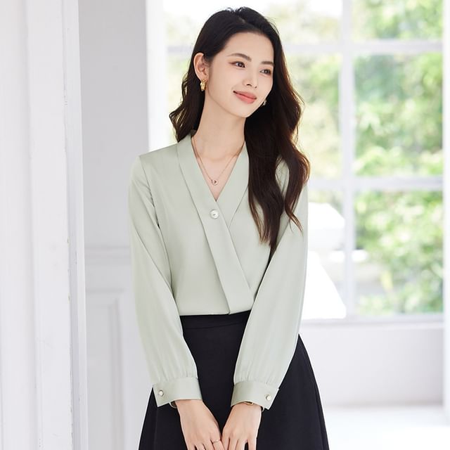 V-Neck Long Sleeve Blouse & High Rise Midi Straight Skirt