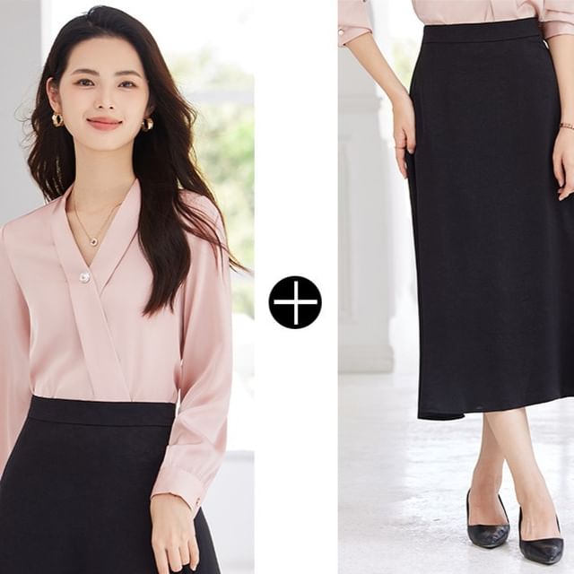 V-Neck Long Sleeve Blouse & Midi Straight Skirt Set