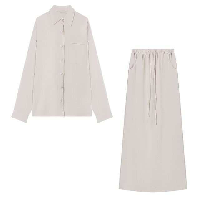 Long-Sleeve Pocket Shirt and Drawstring Maxi Skirt Set