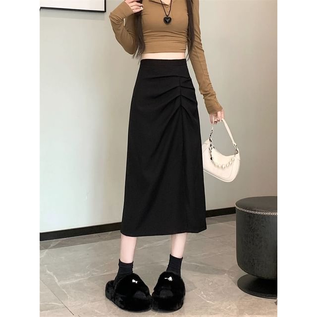 Shirred Slit High Waist Midi A-Line Skirt