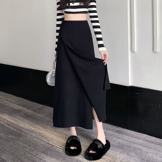 Tie-Side Slit High Rise Midi Knit Skirt