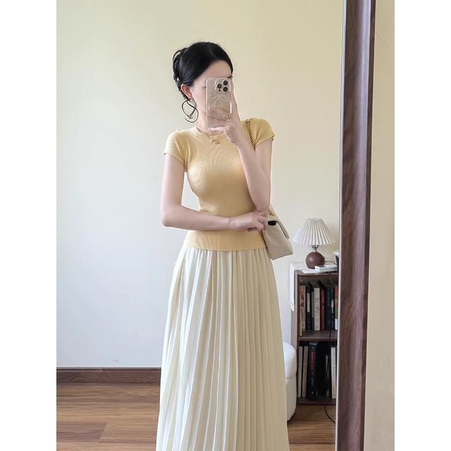 Crew Neck Ribbed Knit Top and Pleated A-Line Maxi Skirt