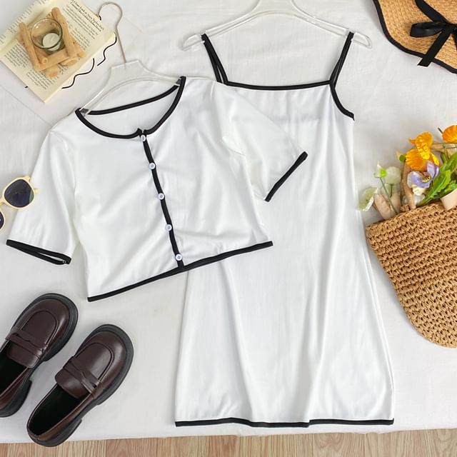 Contrast Trim Button-Up Top and Maxi Skirt Set