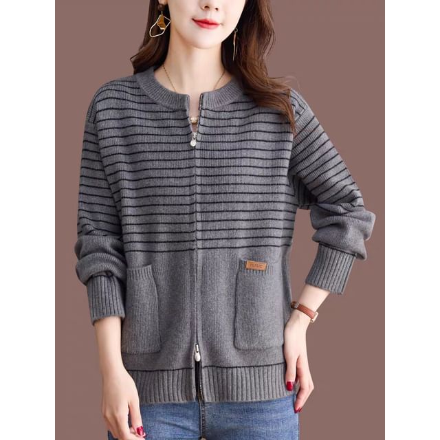 Round Neck Striped Zip Cardigan