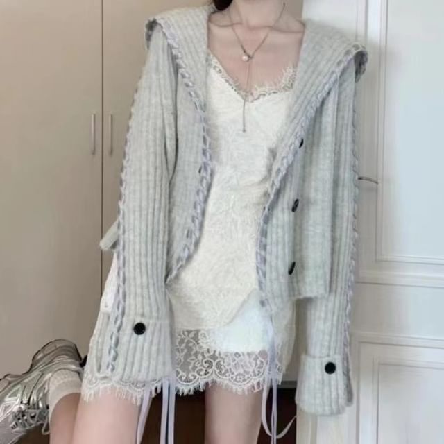 Melange Contrast Stitch Ribbed Collar Cardigan