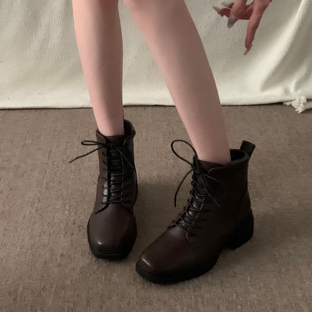 Chunky Heel Lace-Up Plain Faux Leather Short Boots