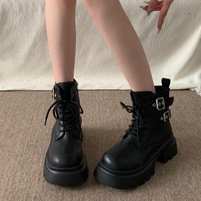Platform Buckled Lace-Up Plain Faux Leather Short Boots