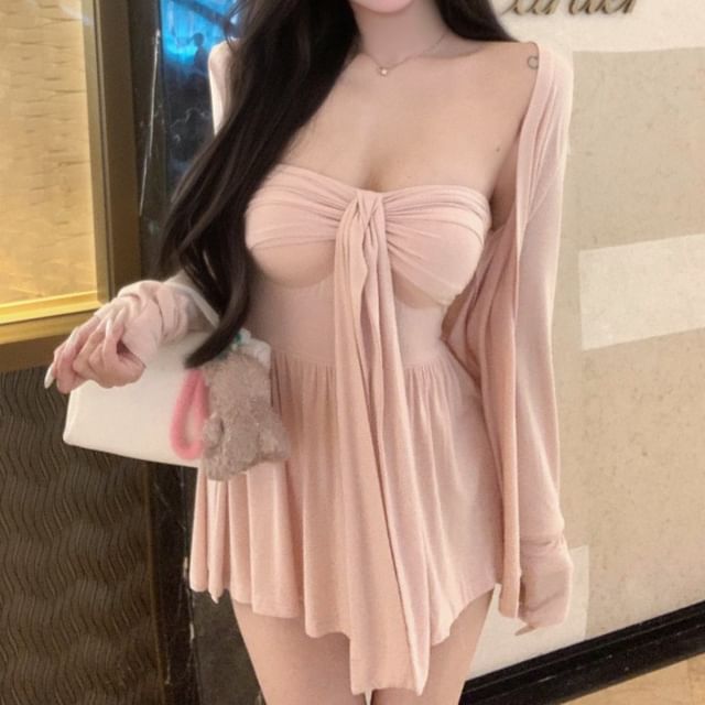 Knot Ruched Peplum Tube Top with Cardigan