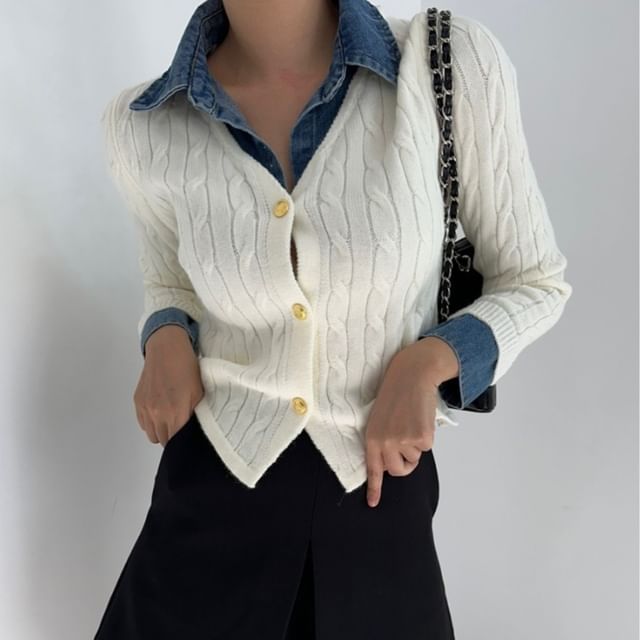 Denim Collar Mock Two-Piece Cardigan