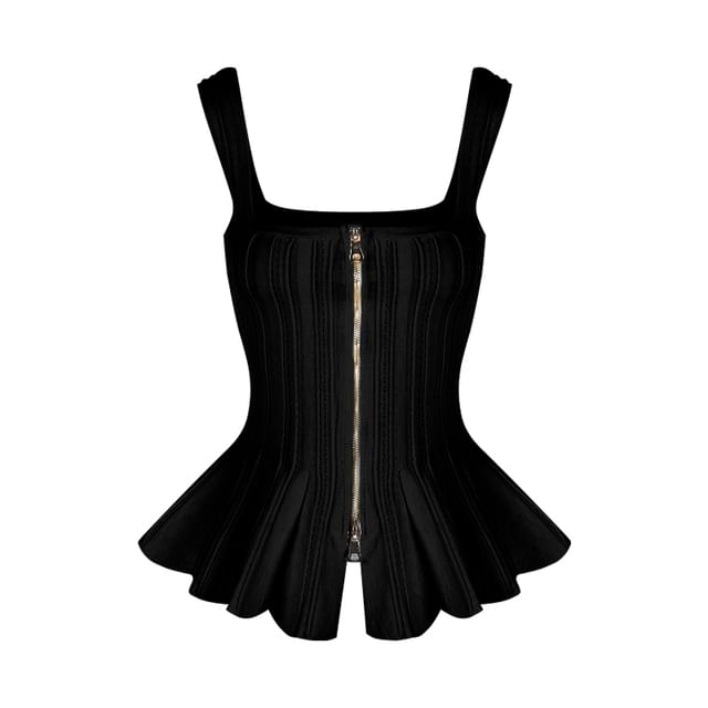 Peplum Knit Tank Top with Scoop Neck, Zip-Up, Mini A-Line Skort