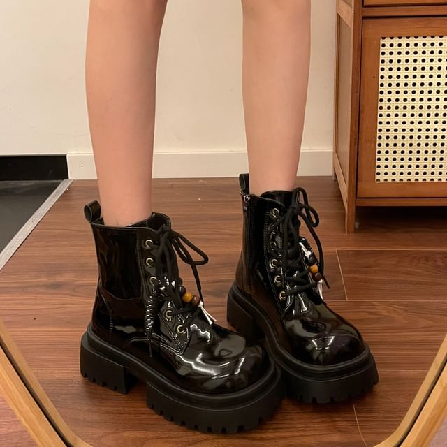 Faux Leather Platform Lace-Up Short Boots