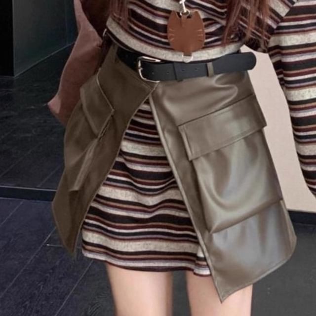 Off-Shoulder Striped Mini Dress with Faux Leather Skirt and Belt Set