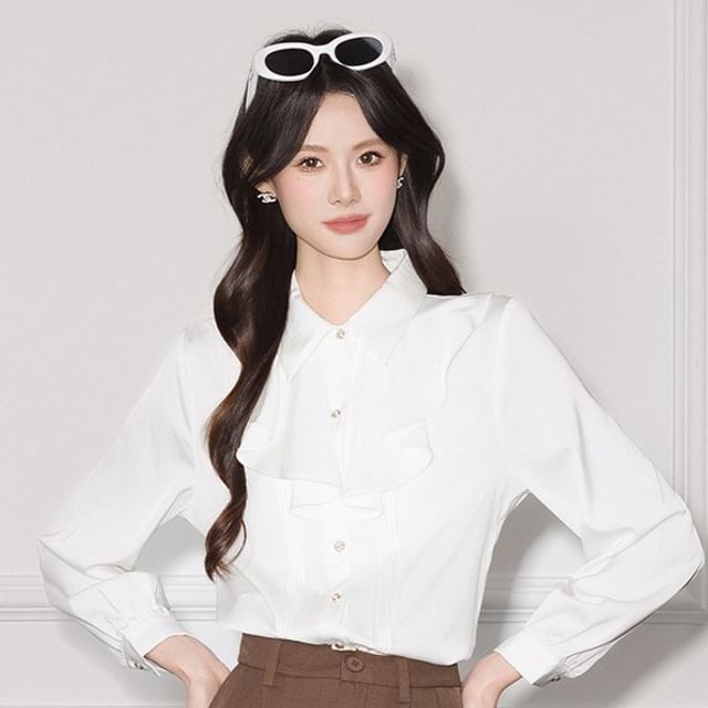 Plain Ruffle Satin Collared Long-Sleeved Blouse