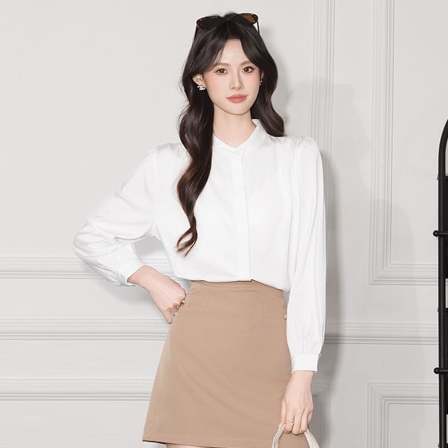 Band-Collar Sleeved Plain Casual Blouse