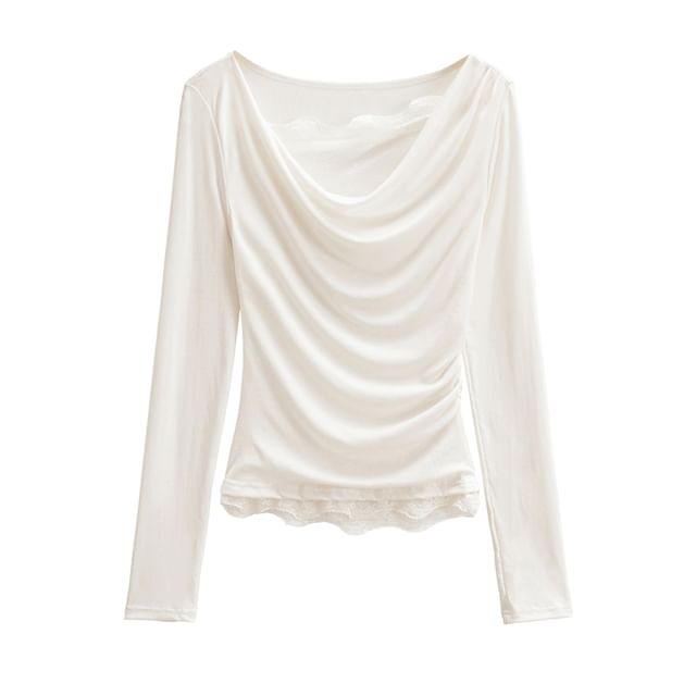 Cowl-Neck Sleeved Plain Lace-Trimmed Tee