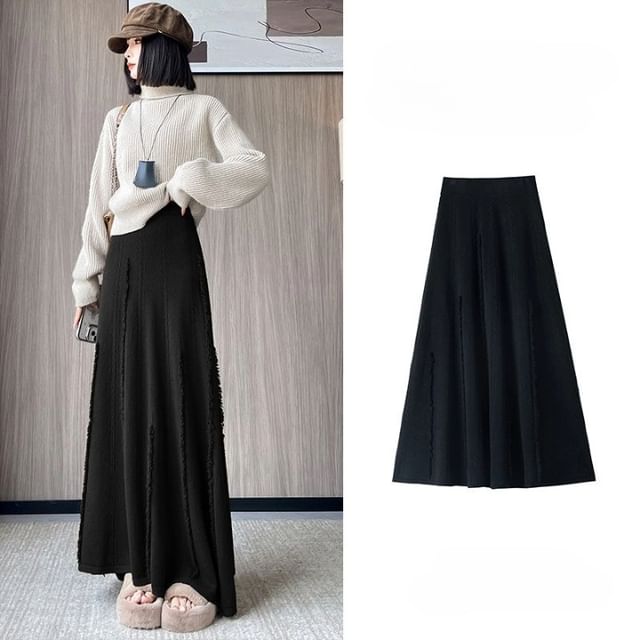 Fringed Knit Maxi A-Line Skirt - High Rise
