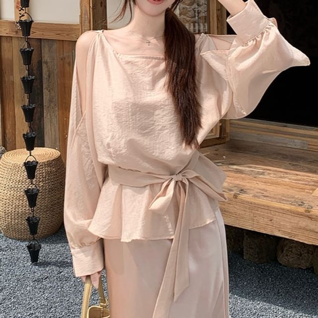 Crew Neck Knot Peplum Blouse & A-Line Maxi Skirt