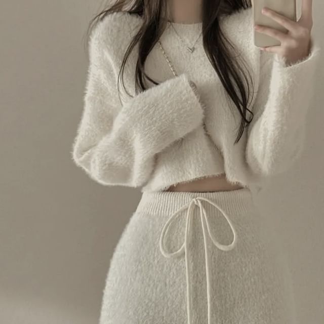 Long-Sleeve Knit Crop Top & Mini Skirt Set