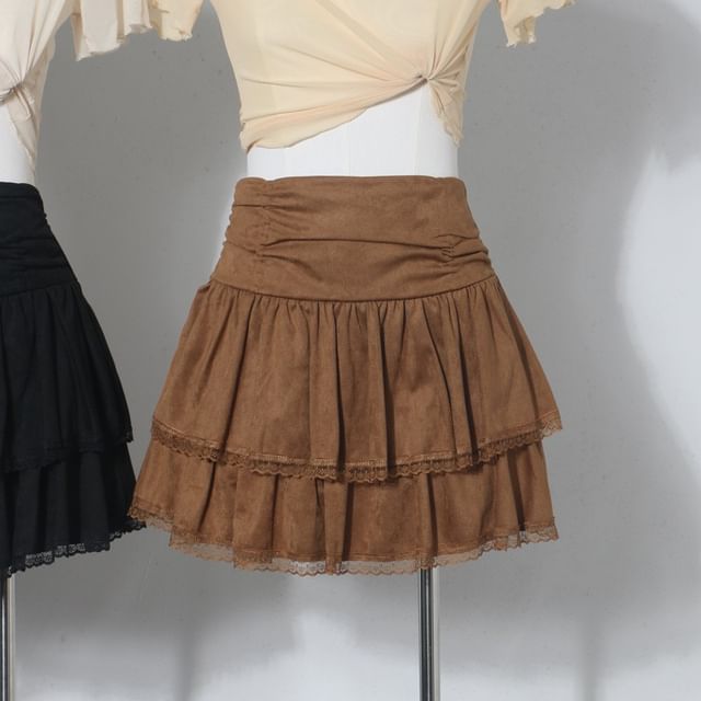 Lace Trim Mini A-Line Layered Skirt