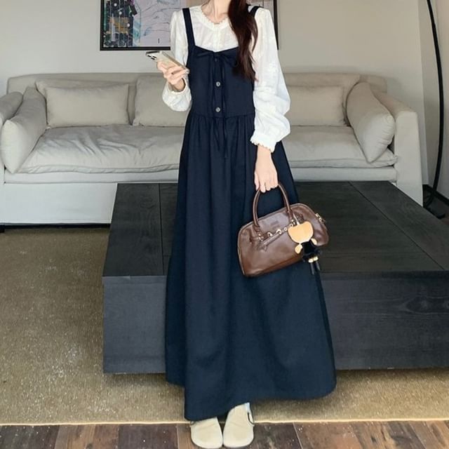 Long-Sleeve Henley Plain Tee / Maxi Overall Dress
