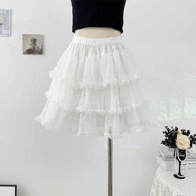 Frill Tiered Mesh Mini A-Line Skirt