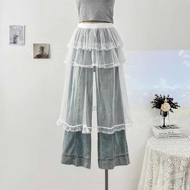 Dotted Mesh Overlay Tiered Skirt