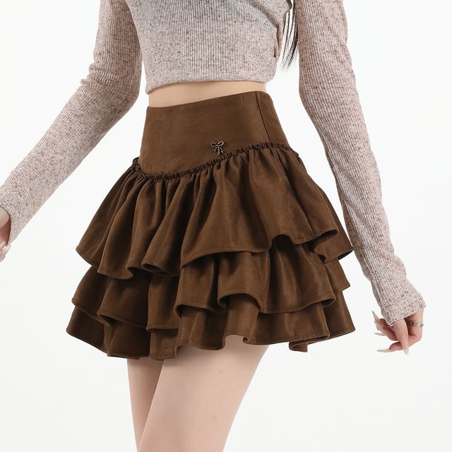 Ruffle Tiered Faux Suede Mini A-Line Skirt