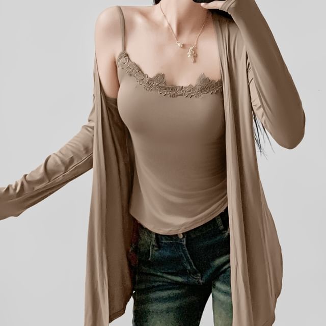 Slim-Fit Lace-Trimmed Scoop-Neck Cami and Open-Front Cardigan Set