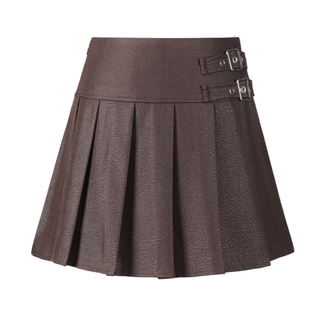 Plain Pleated Buckled Mini A-Line Skirt